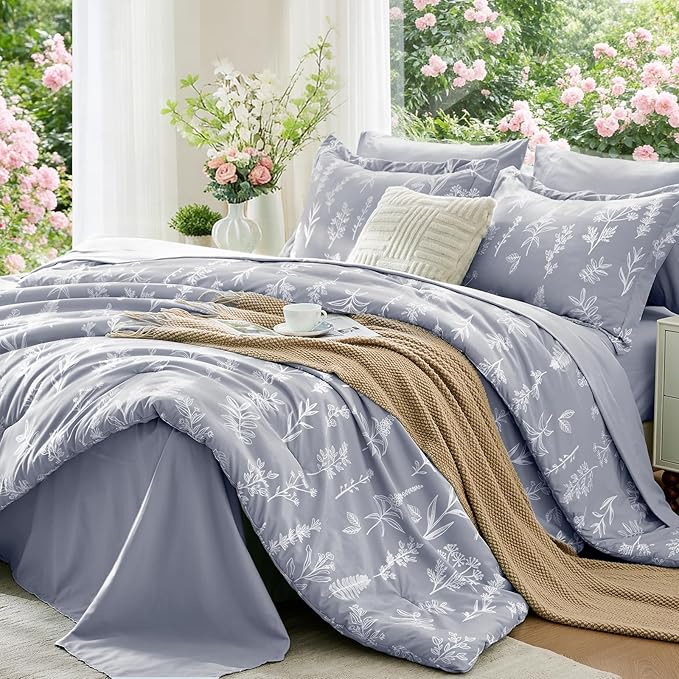 MUXHOMO Light Grey Bed in a Bag Queen 7 Pieces, Queen Comforter Set Reversible Botanical Flowers Design, Ultra Soft & Breathable Bedding Sets with Comforter, Sheets, Pillowcases & Shams