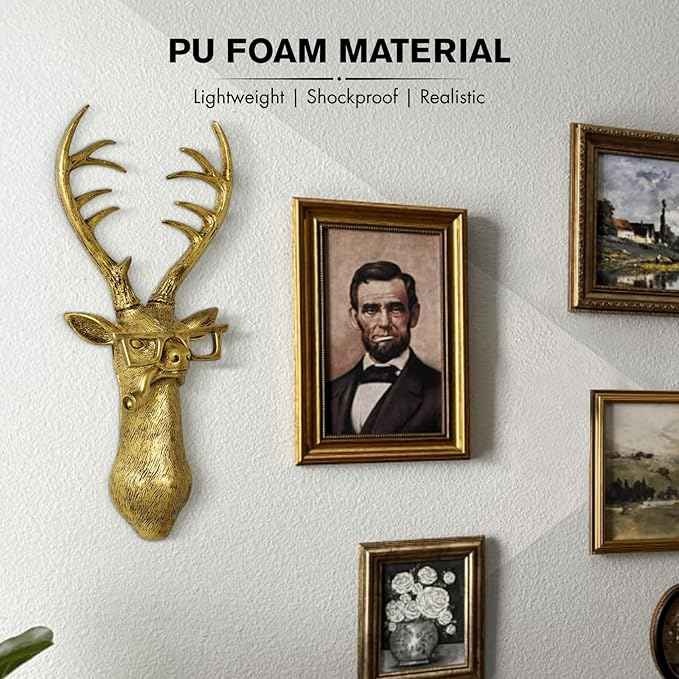 montresor Deer Head Wall Mount 17 inchs Gold Deer Decor PU Foam Material (NOT RESIN) Wall Decor Art for Whimsigoth Home Wall Decor Lightweight Accent Wall Hanging Room Decor Maximalist Decor
