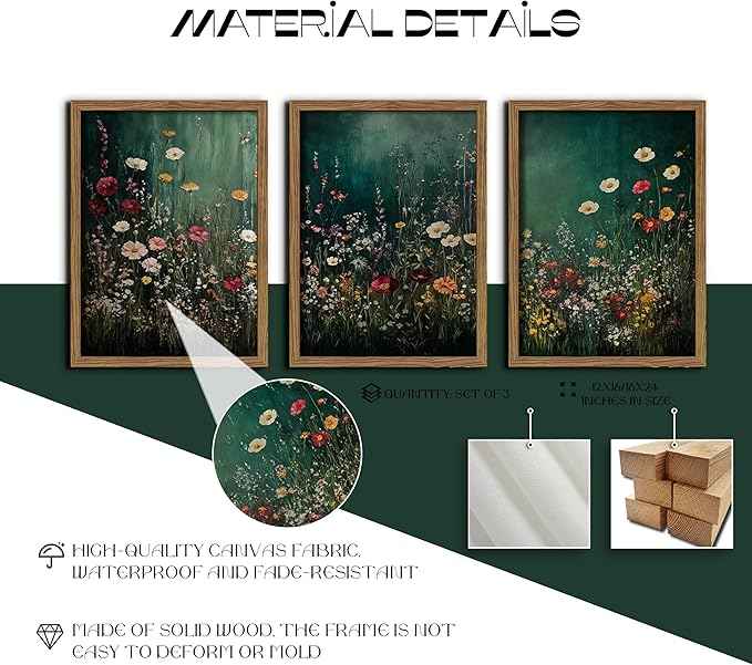 Vintage Wildflower Wall Art Set of 3, Moody Dark Green Flower Botanical Wall Decor Paintings,Nature Floral Farmhouse Landscape Posters Prints Pictures for Living Room Bedroom 16x24 Inch Wood Framed