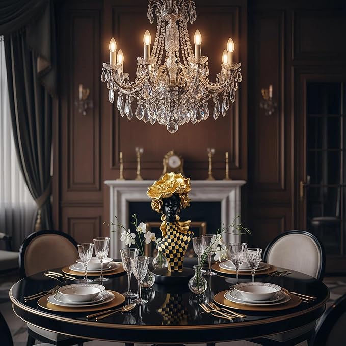 African Queen Sculpture Gold Flower Crown, Black and Gold Checkered Gift Statue, Luxury Art Figurine for Home Decor Shelf Table Display