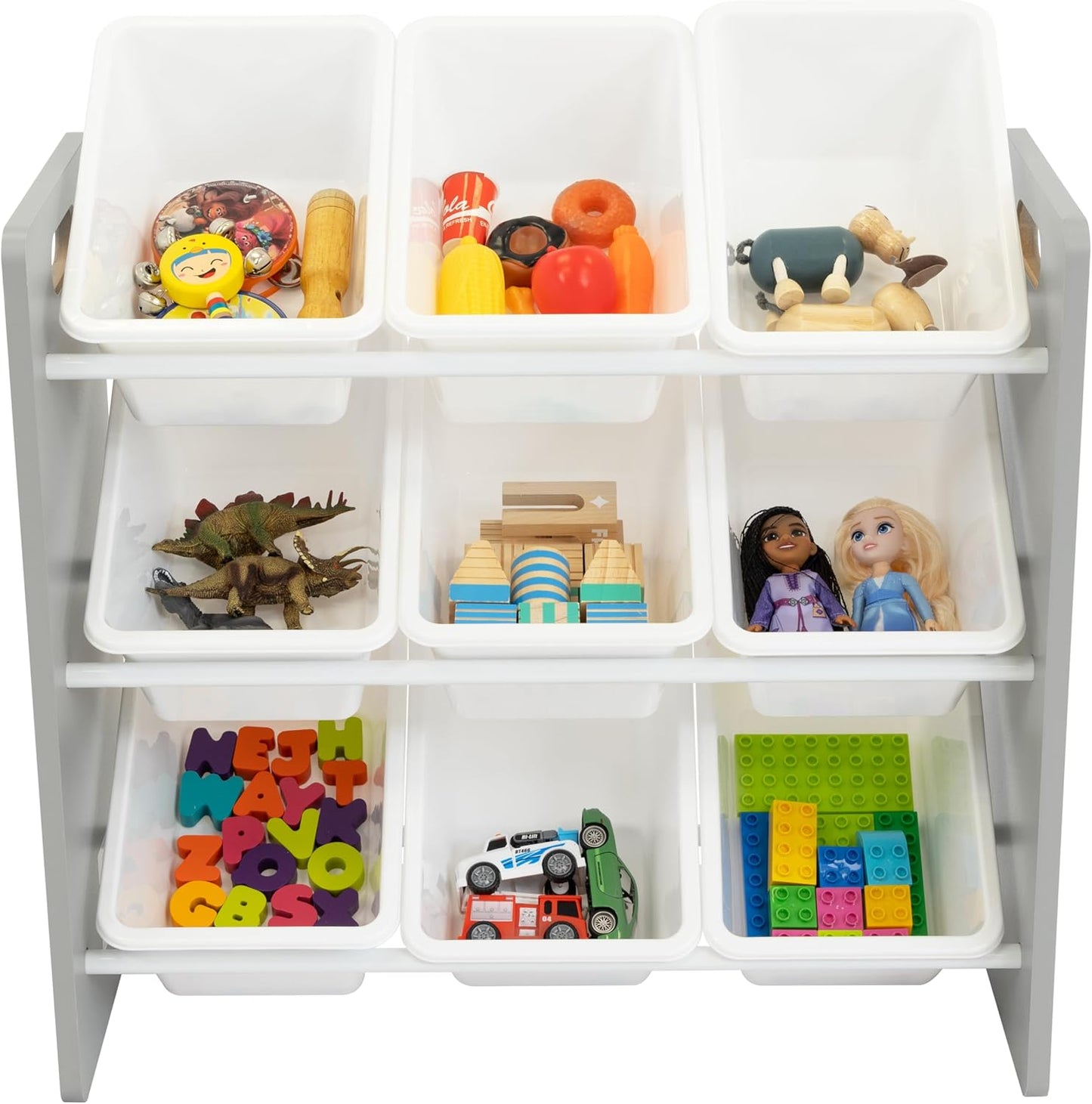 Humble Crew 9-Bin Toy Organizer – Inspire Grey with White Plastic Bins, 3-Tier Storage Solution for Kids' Playrooms and Nurseries - NestledHome