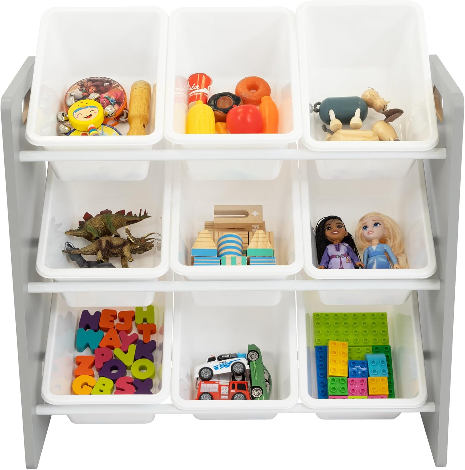 Humble Crew 9-Bin Toy Organizer – Inspire Grey with White Plastic Bins, 3-Tier Storage Solution for Kids' Playrooms and Nurseries - NestledHome