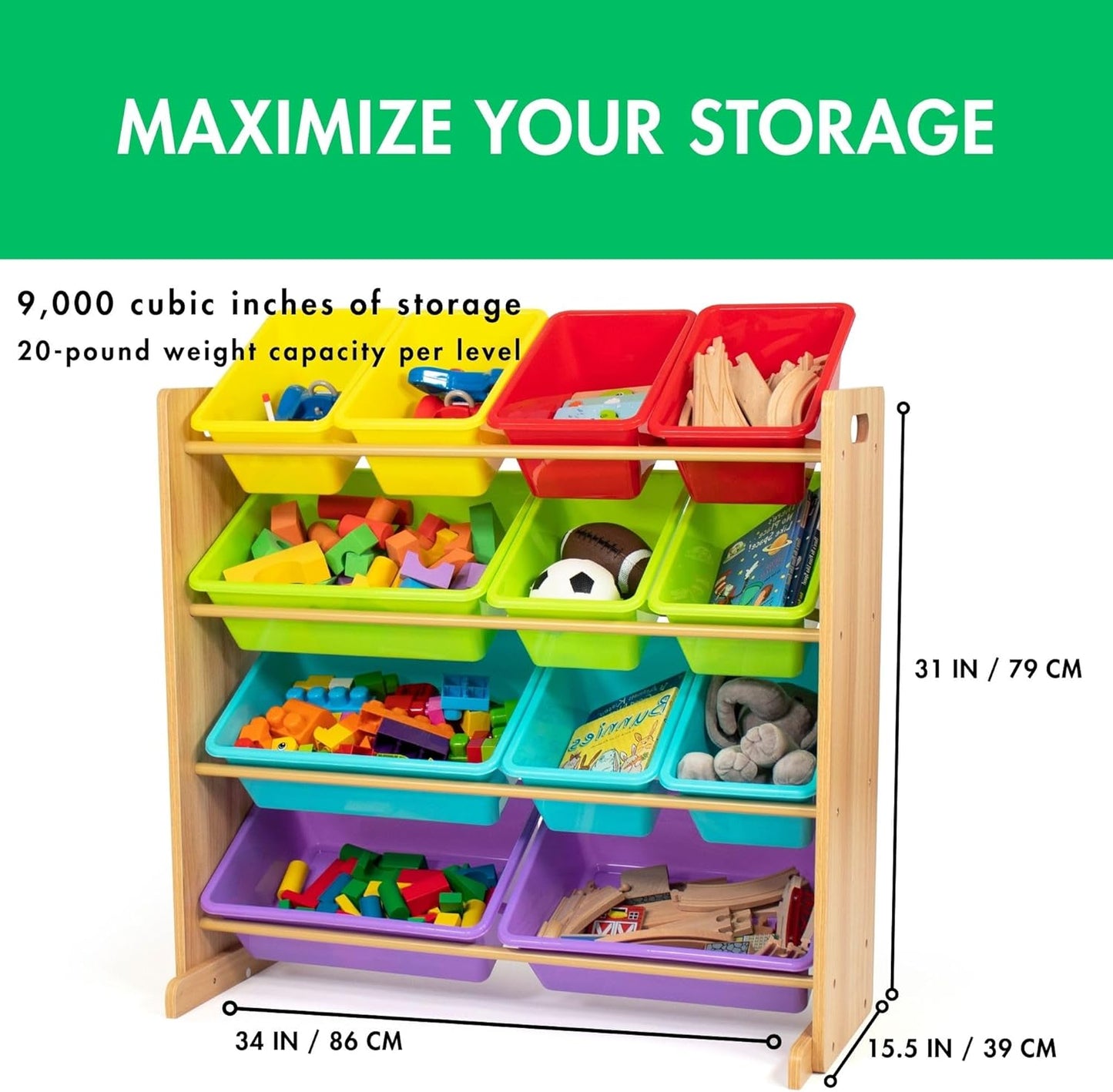 Humble Crew Kids Toy Storage Organizer with 12 Plastic Bins, Natural Wood/Rainbow – Removable Bins for Playroom, Bedroom, Toddler Furniture for Boys and Girls Ages - NestledHome