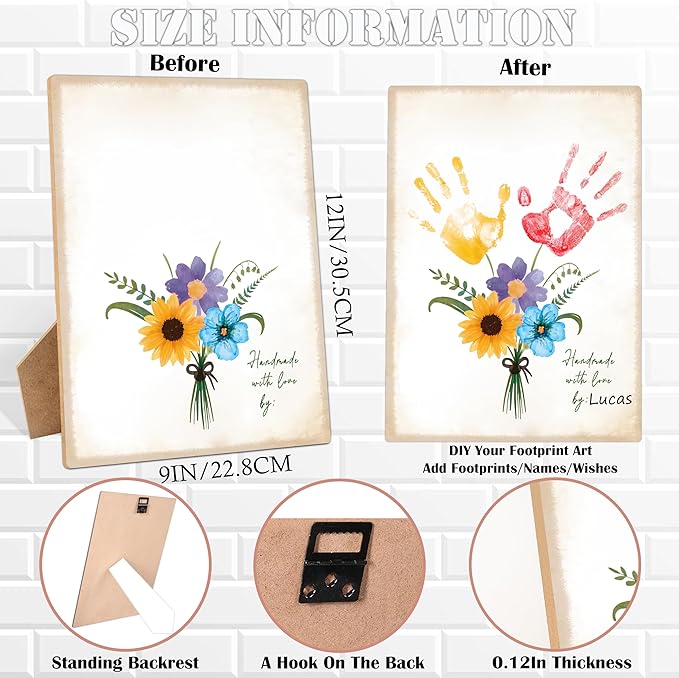 Flower Bouquet Handprint Art Keepsake Making Wooden Sign with Stand 9x12", Mothers Day Crafts for Classroom Family Activities, DIY Crafts Birthday Gifts for Mom Dad Grandma Grandpa Sister Auntie