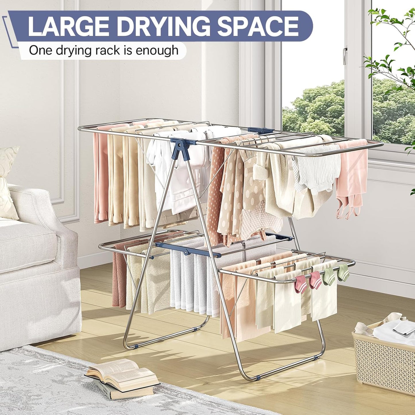 APEXCHASER Clothes Drying Rack with 4 Wings, Drying Rack Clothing with Height-Adjustable, Foldable Gullwings Laundry Drying Rack, Indoor Outdoor Use, No Assembly, Blue - NestledHome