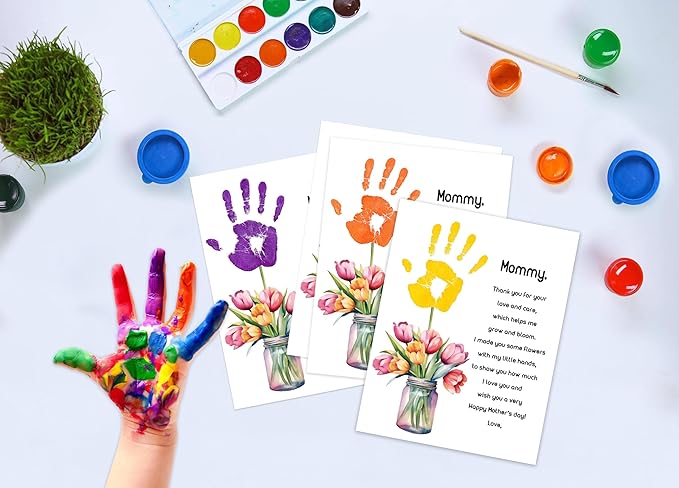 Tulips Flower Handprint Craft DIY Kit, 10 Bulk Personalized Mothers Day Cards, 8.5x11 Inch DIY Handprint Keepsake Art for Classroom Family Party Supplies, Mothers Day Gifts for Wife, New Mom, Mommy