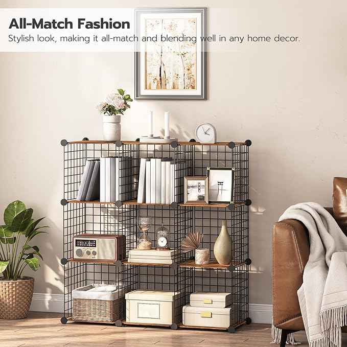 HOOBRO Wire Cube Storage Organizer, 9-Cube Shelves, Modular Shelves with Metal Grid, DIY Closet Cabinet for Living Room, Bedroom, Rustic Brown and Black BF09CW01