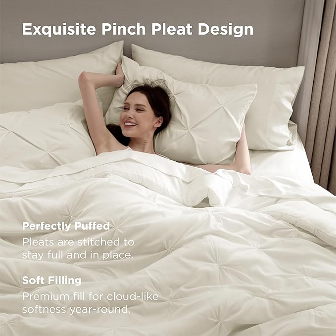 Bedsure Full Comforter Set Ivory - Bed in a Bag Full Size Bedding Set 7 Pieces, GentleSoft™ Pintuck Bed Set Gift for Family, Pinch Pleat All Season Comforter with Sheets, Pillowcases & Shams