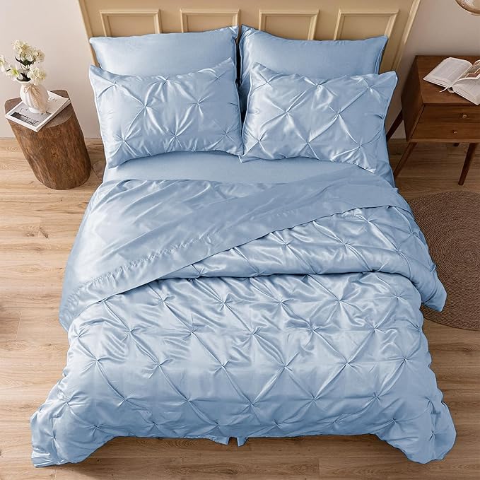 MR&HM Satin Comforter King 7 Pieces - Luxurious Pinch Pleat Bedding Set with Comforter, Flat Sheet, Fitted Sheet, Pillowcases & Shams, Super Silky Soft Bed Set for All Season (King, Blue Haze)
