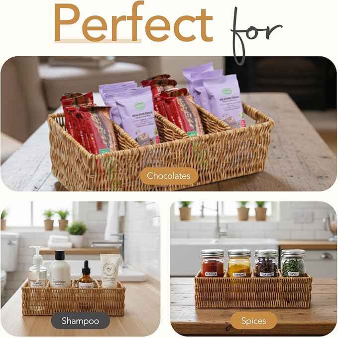 Nature-Inspired Rattan Pantry Organizer Baskets Set of 2 with 3 Removable Dividers – Handwoven Storage Bins for Kitchen or Bathroom Organization, Ideal for Snacks, Coffee & Tea (13” x 7.3” x 3.7”)