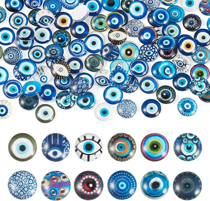Craftora 100Pcs 12mm Transparent Glass Cabochons Mixed Blue Evil Eye Printed Cameo Dome Tiles Flat Back Glass Covered Dome Tiles for DIY Bracelets Necklace Scrapbooking Art Crafts