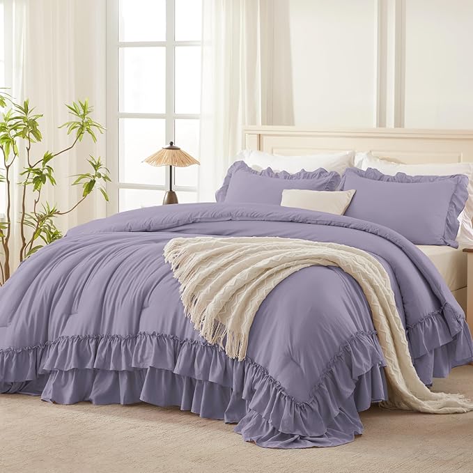 Andency Grayish Purple California King Comforter Set, 3 Pieces Lightweight Fluffy Farmhouse Shabby Chic Bedding Comforter Sets, Soft Microfiber All Season Cal King Bed Sets(104x96Inch)