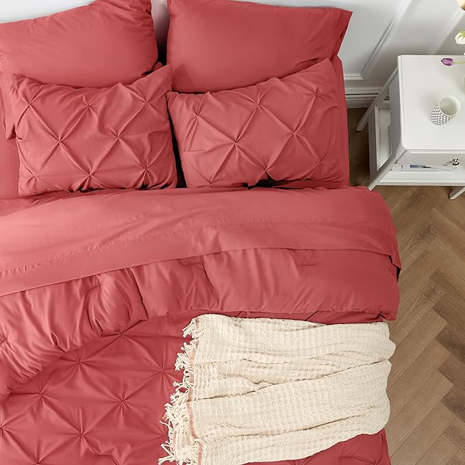Bedsure Full Comforter Set Coral Red - Bed in a Bag Full Size Bedding Set 7 Pieces, GentleSoft™ Pintuck Bed Set Gift for Family, Pinch Pleat All Season Comforter with Sheets, Pillowcases & Shams