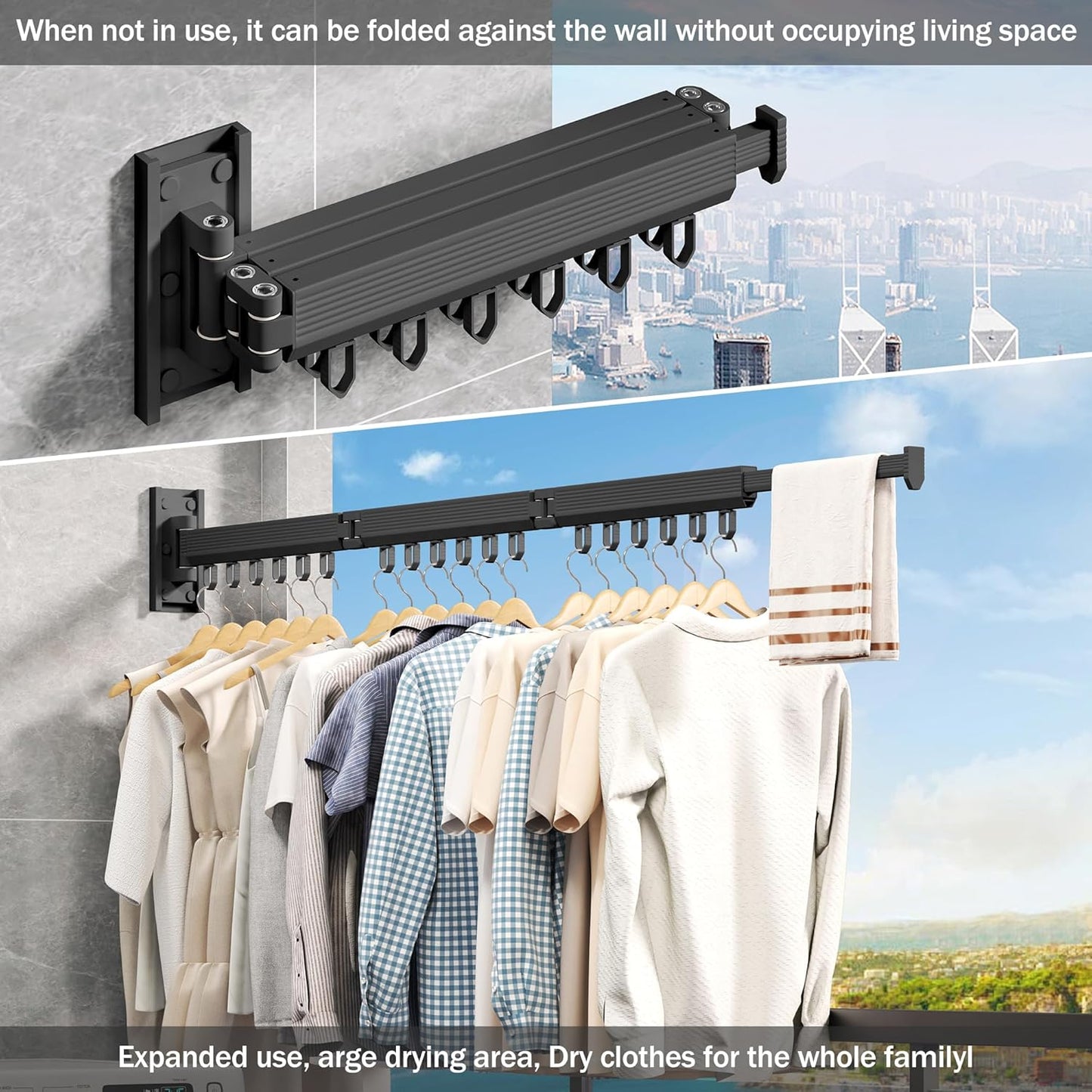 Wall Mounted Clothes Drying Rack, Retractable & Collapsible, Foldable Black-Ring Laundry Hanger - NestledHome