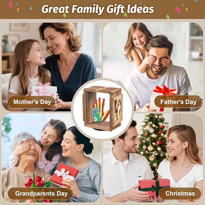 Emfogo 360 Rotating Family Handprint Kit, DIY Craft Keepsake Wooden Frame, Baby Footprint Kit, 5 Paint Colors Included, Non-Toxic Paints&Transparent Sheets, Gifts for Handprint Family Keepsake（Brown