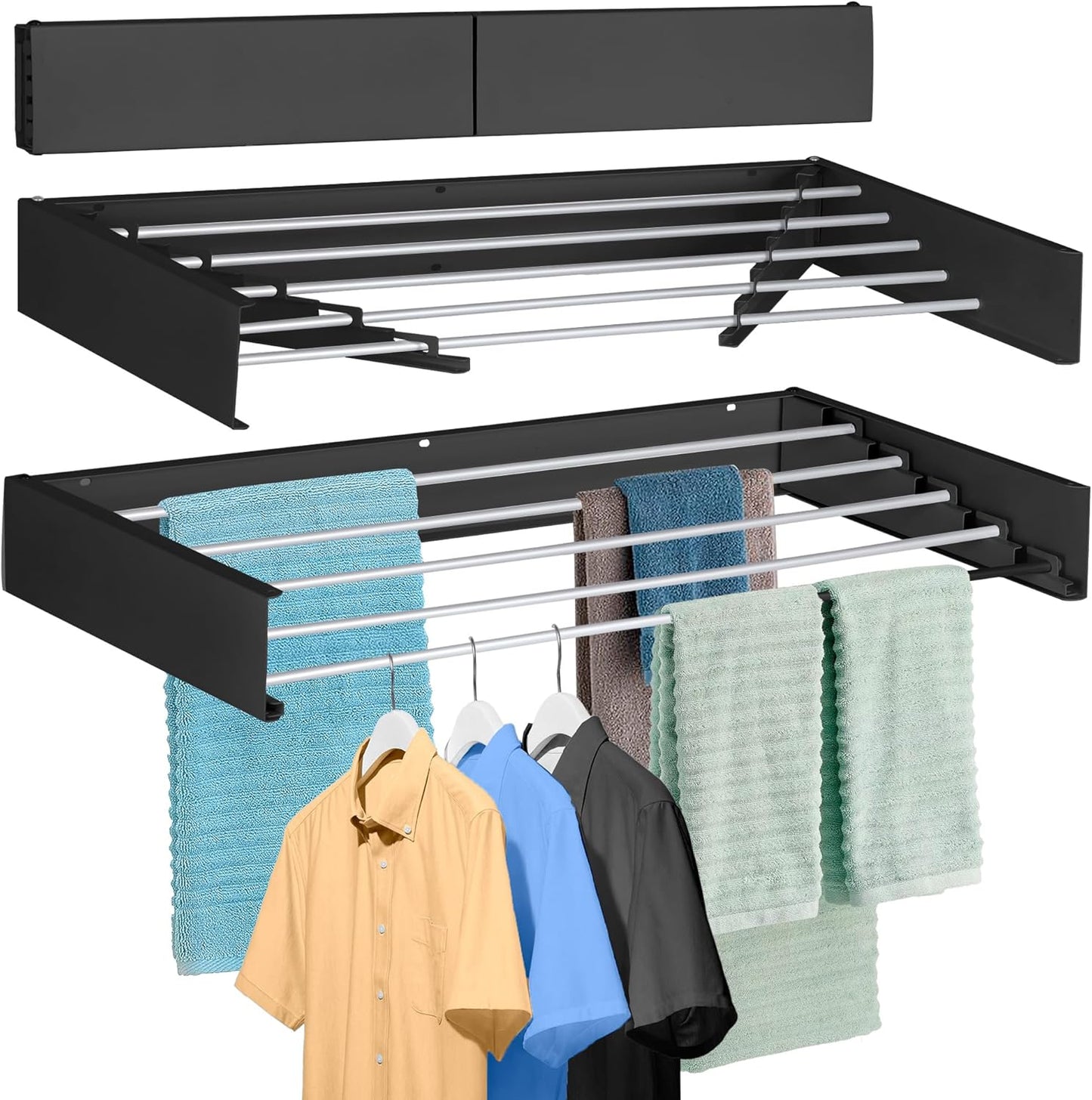 FOCHIER F Laundry Drying Rack Wall Mounted Clothes Drying Rack Collapsible with 5 Aluminum Rods and Drilling Template Long Screwdriver Bit 60 lbs Capacity (Black, 31.5") - NestledHome