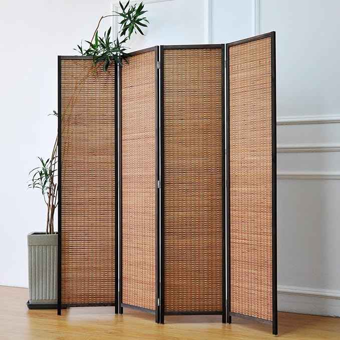 4 Panel Bamboo Room Divider - 5.6 ft Tall Folding Privacy Screen for Room Separation, Natural Brown (67 x 61.4 inches)