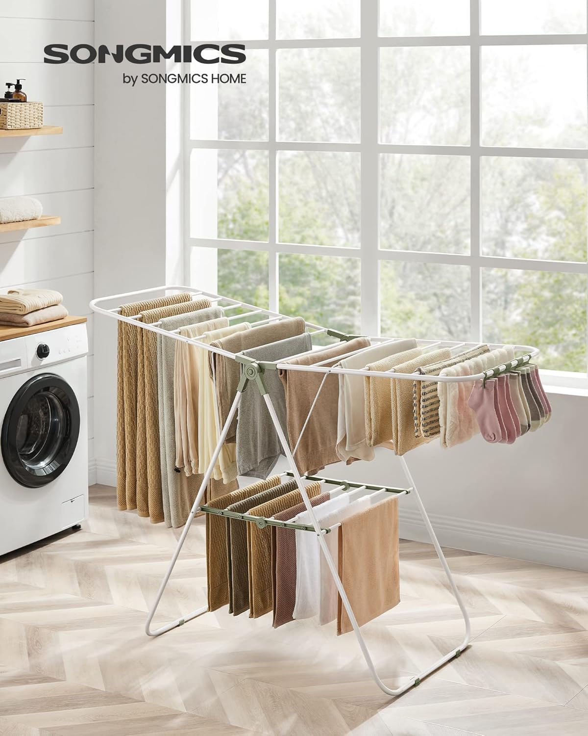 SONGMICS Clothes Drying Rack, with Sock Clips, Metal Laundry Rack, Foldable, Space-Saving, Free-Standing Airer, with 2 Height-Adjustable Gullwings, Indoor Outdoor Use, White and Green ULLR052C01 - NestledHome