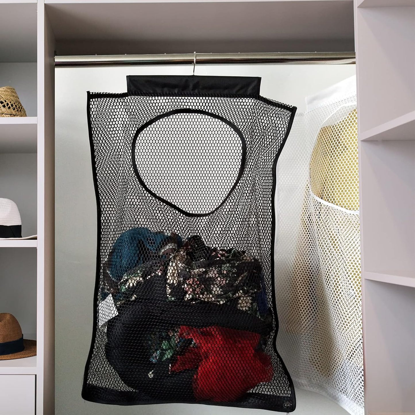 Hanging Mesh Laundry Hamper (30in*20in*2in) Large Dirty Clothes Bag, Can Be Used Behind The Door & Closet & Caravan& Bathroom (Black) - NestledHome