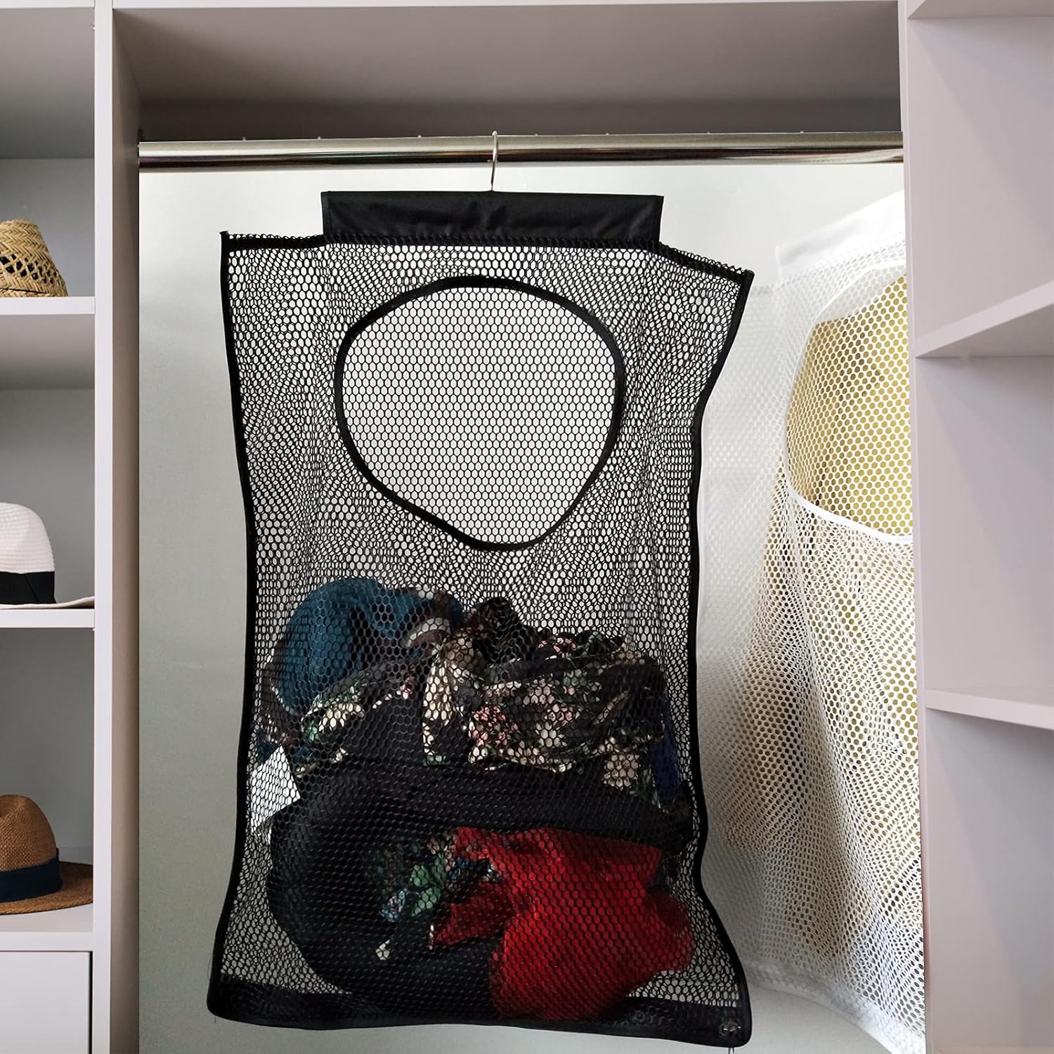 Hanging Mesh Laundry Hamper (30in*20in*2in) Large Dirty Clothes Bag, Can Be Used Behind The Door & Closet & Caravan& Bathroom (Black) - NestledHome