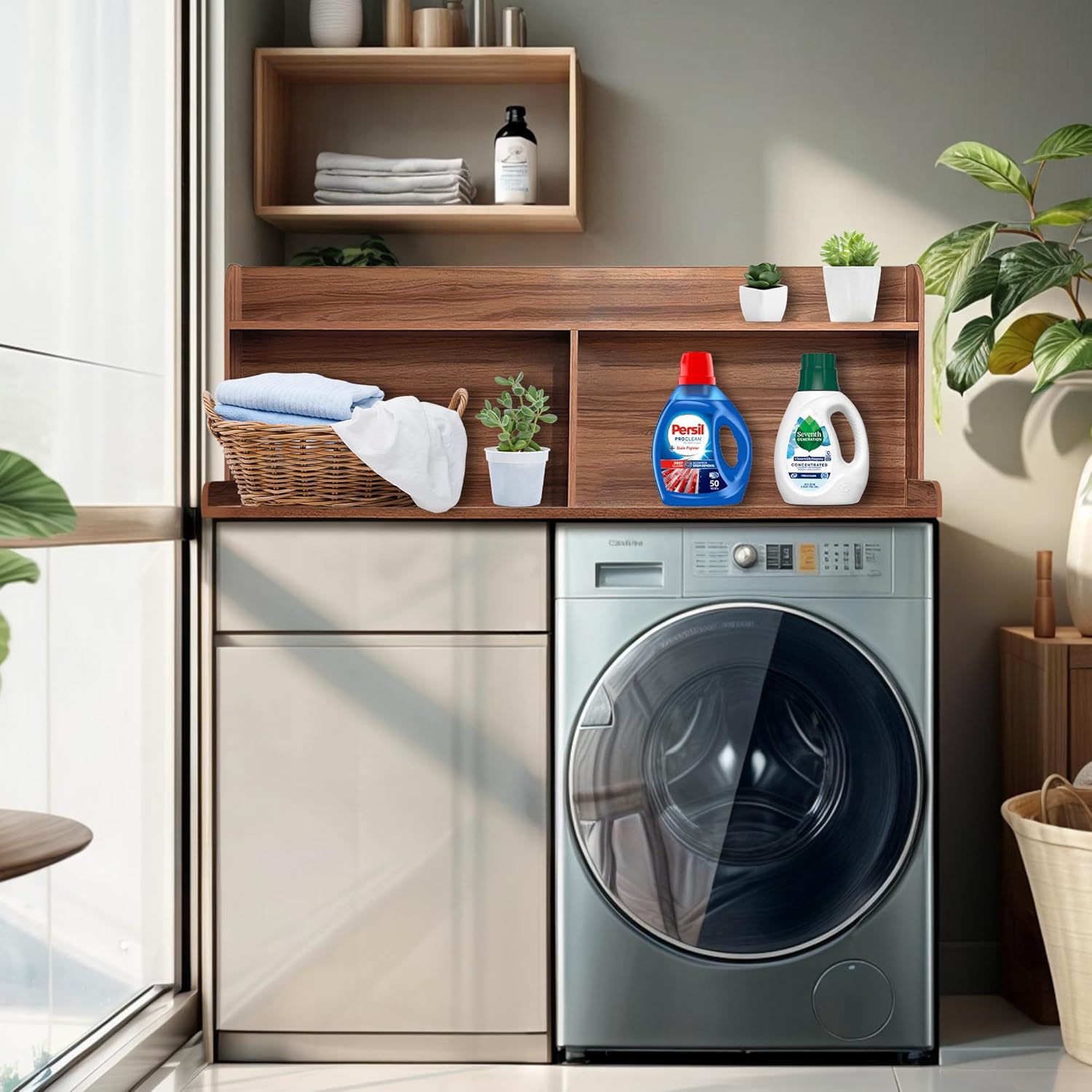 Royxen 2-Tier Washer Dryer Countertop,19.5" H Wood Washer and Dryer Topper with Shelf,Laundry Countertop Over Washer and Dryer, Universal Fit for Laundry Room Organization (Walunt, 54" WX27.5 D) - NestledHome