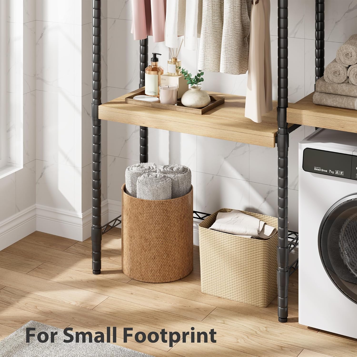 5-Tier Over-The-Washer Shelf - Adjustable 28" Laundry Organizer with 100lb Double Wood Shelves, Space-Saving Storage Unit for Small Homes (Natural & Black) - NestledHome