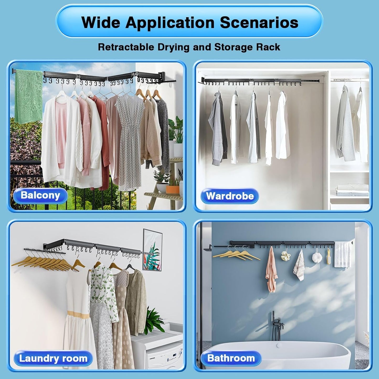 Gezen Clothes Drying Rack, Wall Mounted Drying Rack Clothing Retractable, Foldable Clothes Hanger Rack with 24 Hooks for Laundry Room Organization and Storage, Space Saving, Collapsible, Quad-Fold - NestledHome