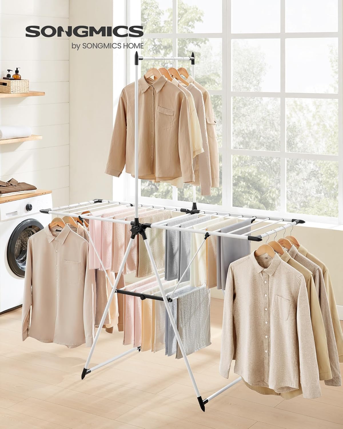 SONGMICS Clothes Drying Rack, Foldable 2-Level Laundry Drying Rack, Free-Standing Airer, 1 Additional Tall Hanging Bar, 2 Height-Adjustable Wings, 24 Drying Rails, Space Savng, Simply White ULLR521W01 - NestledHome