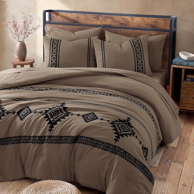 MaiRêve Embroidery King Size Comforter Set Taupe Grey, Boho Farmhouse Western Bedding Set 7 Pieces, All Season Bed in A Bag Comforter Set with Sheets, Pillowcases & Shams