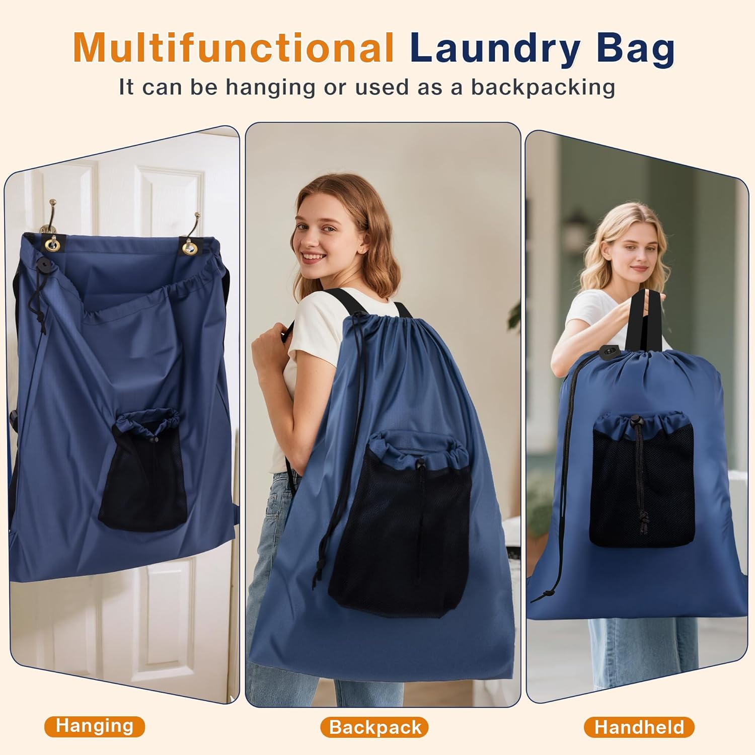 2-Pack Backpack Laundry Bags, Heavy Duty Laundry Bag Backpacks with Adjustable Shoulder Straps, Door Hanging Washing Bag, Laundry Hamper Lining for College Dorm, Travel, Laundromat - NestledHome