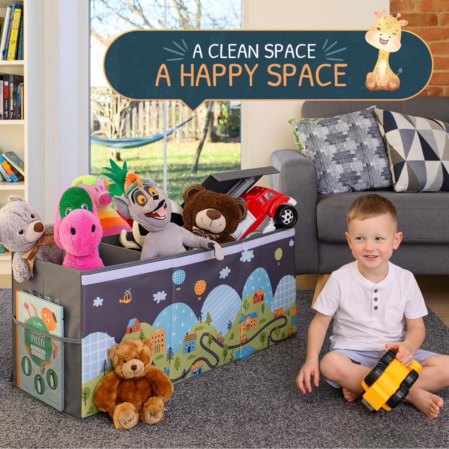 Extra Large Toy Storage Organizer with Lid - Sturdy, Collapsible Toy Chest Storage Box with Cute Design - Toys Bin with Dividers for Kids, Boys, Girls, Nursery, Bedroom, Play room 37"x16"x14" - NestledHome