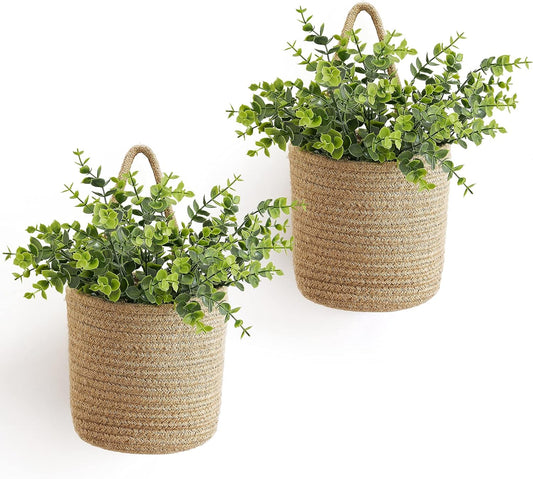 Dahey 2 Pack Wall Hanging Rope Basket with Artificial Eucalyptus Farmhouse Decor, Jute Woven Storage Organizer Flower Plants Basket Set Rustic Wall Decor for Porch Living Room Bedroom Entryway,Brown