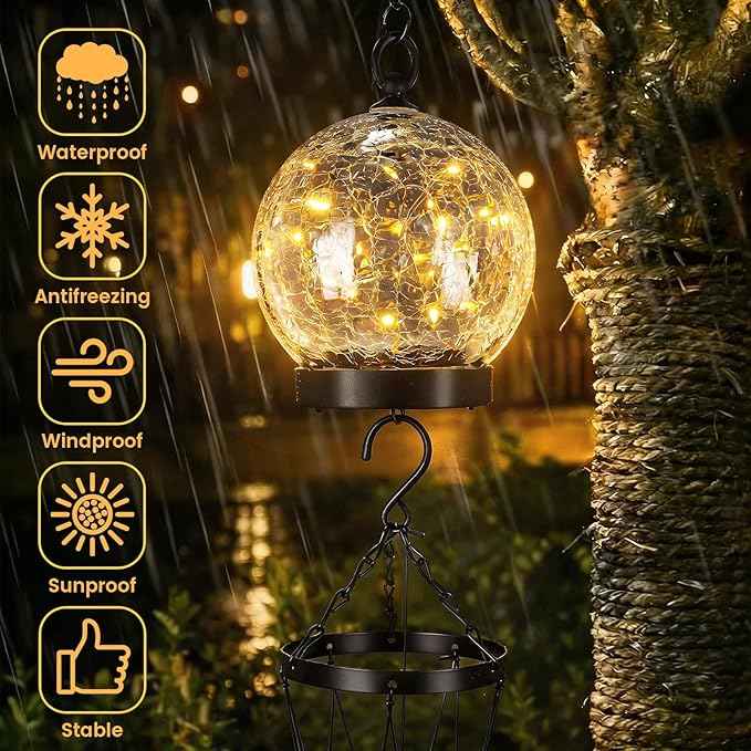 BreezeHug Solar Wind Chimes Outdoor Lights 42 Inch Large Sympathy Gift Chime 15 LED Twinkle Warm White Crackled Glass Ball Hanging Lantern Gifts for Birthday Garden Yard Patio Landscape Decor
