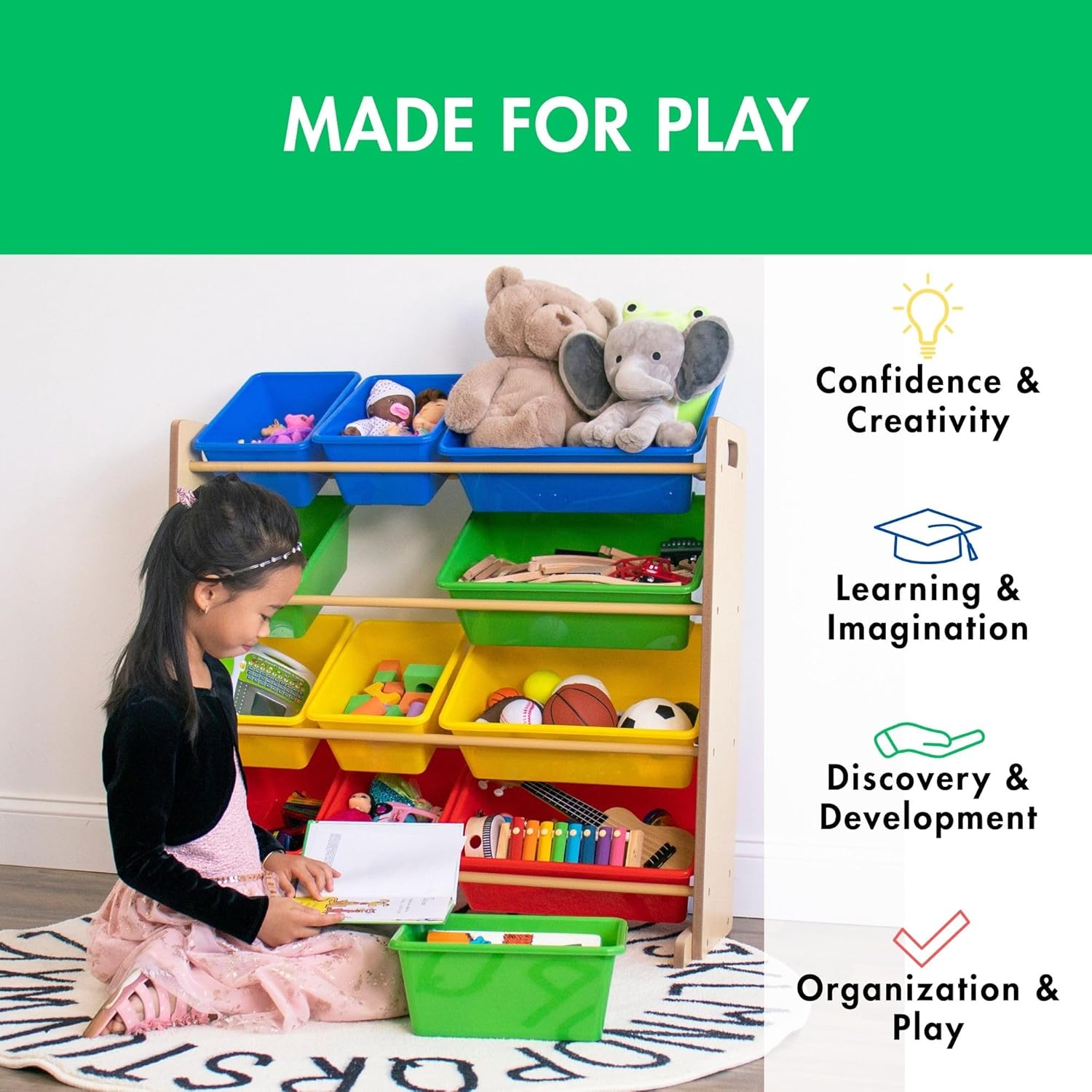 Humble Crew, Natural/Primary Kids' Toy Storage Organizer with 12 Plastic Bins, 34*35*15.5inch - NestledHome