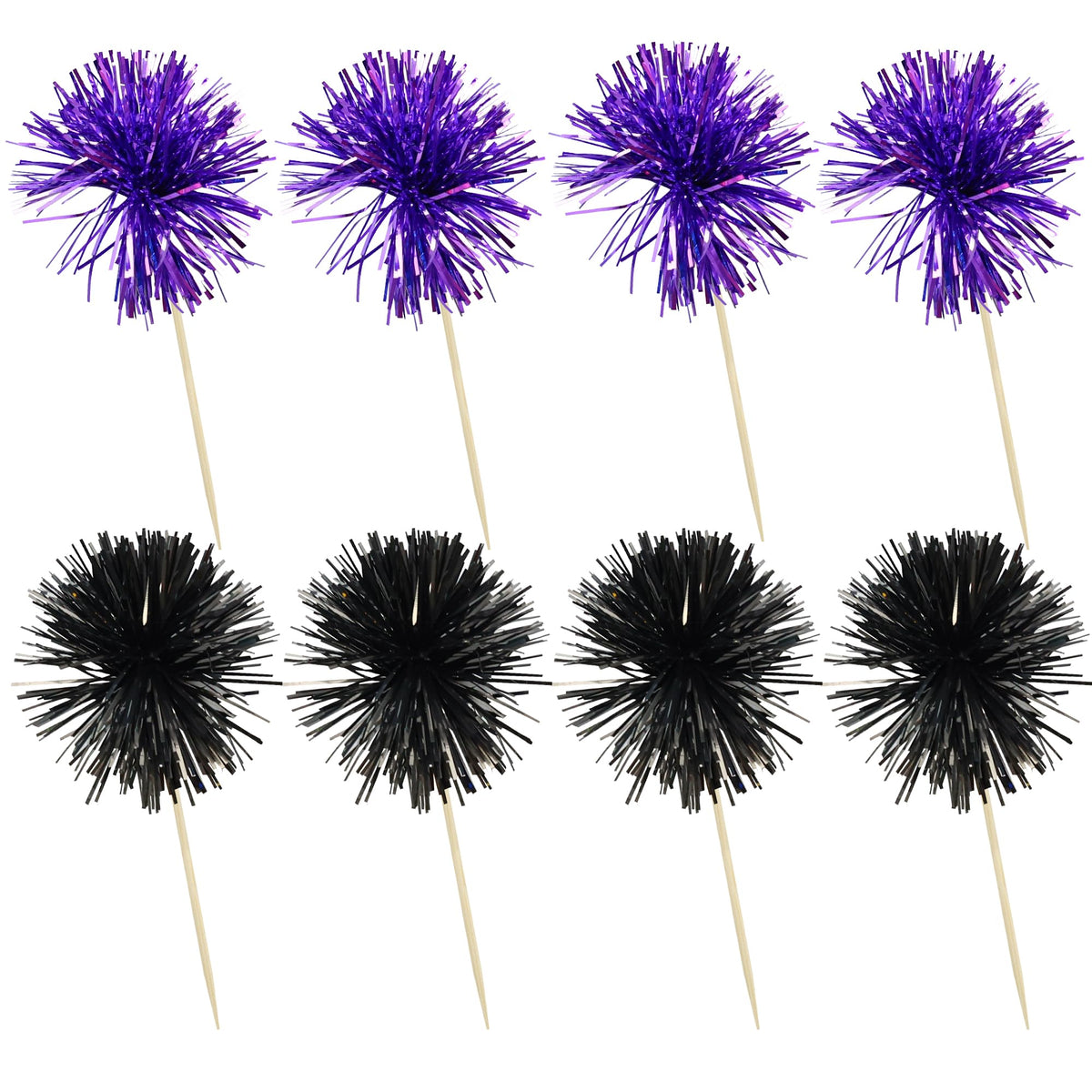 30Pcs Foil Firework Cupcake Toppers Sparkle Tinsel Cupcake Picks Happy Birthday Cake Decorations Drink Stirrers Cocktail Food Toothpicks for Baby Shower Graduation Party Supplies Black Purple (30 Count)