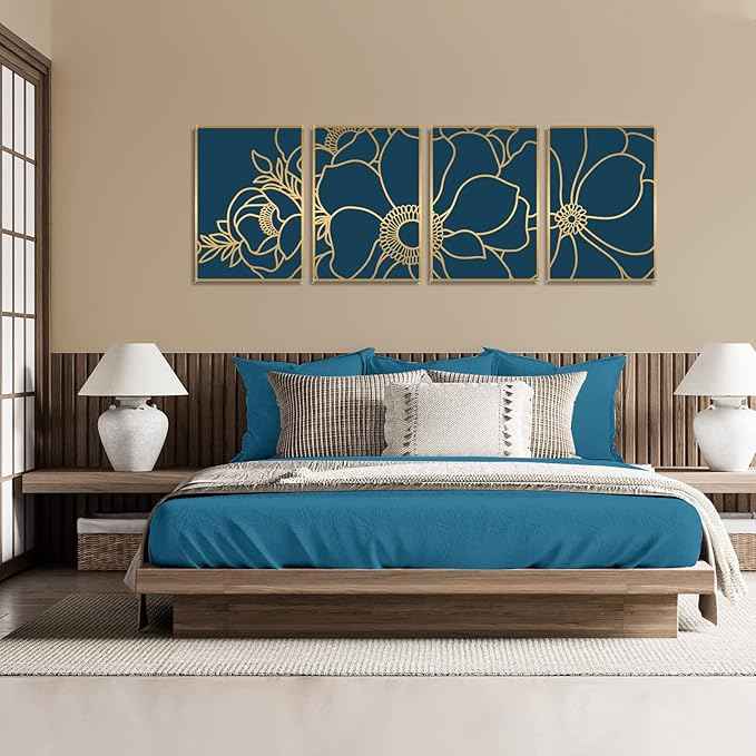Glamativity 4 Pack Gold Wall Art, Flower Minimalist Single Line Art, Real Metal Nature Floral Abstract Wall Decor for Kitchen Bedroom Living Room