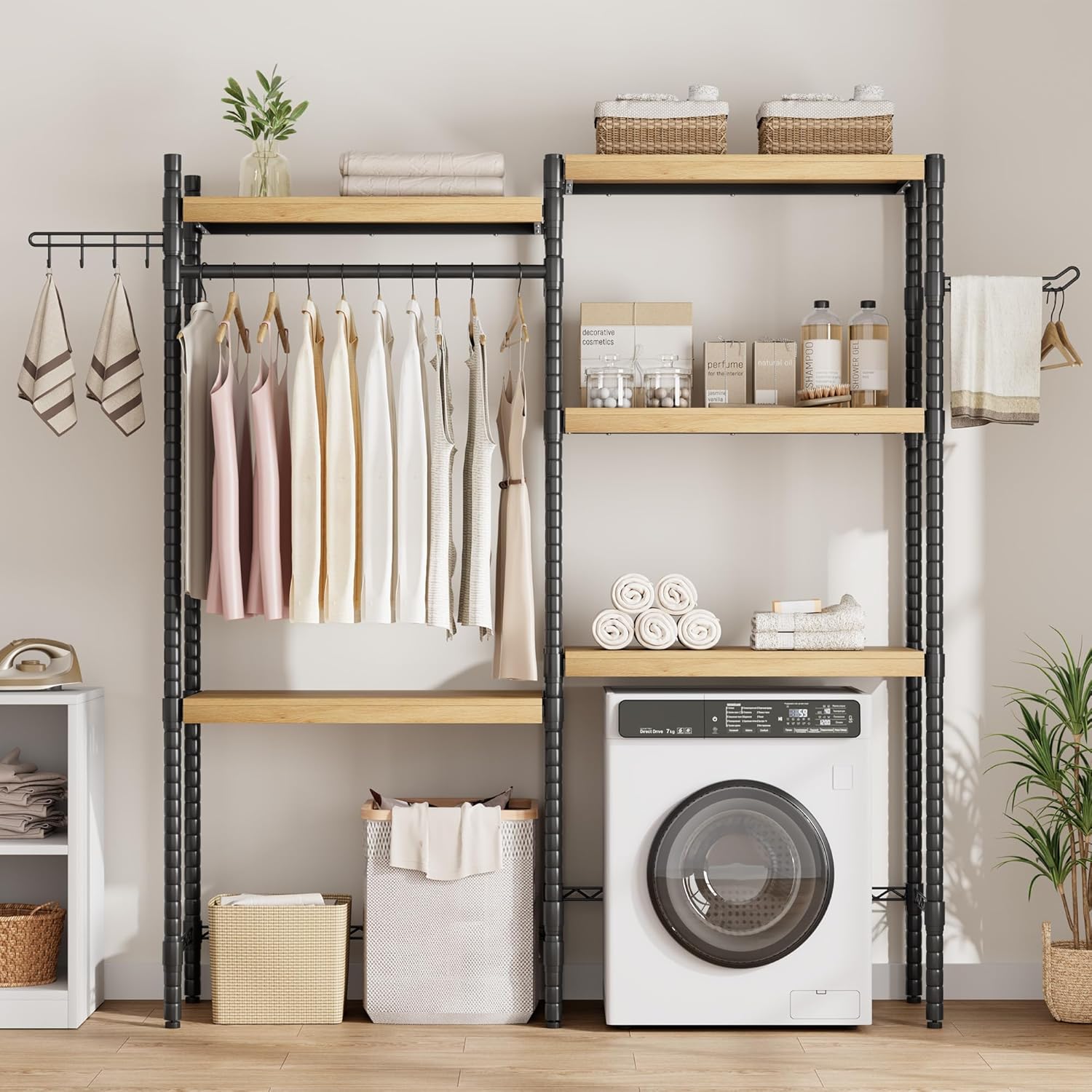 CABIHOME 5-Tier Over-The-Washer Shelf - Adjustable Height Laundry Organizer Space Saver, Double-Layer 100lb Shelves, 2 Hooks for Bathroom/Balcony (Natural& Black) - NestledHome