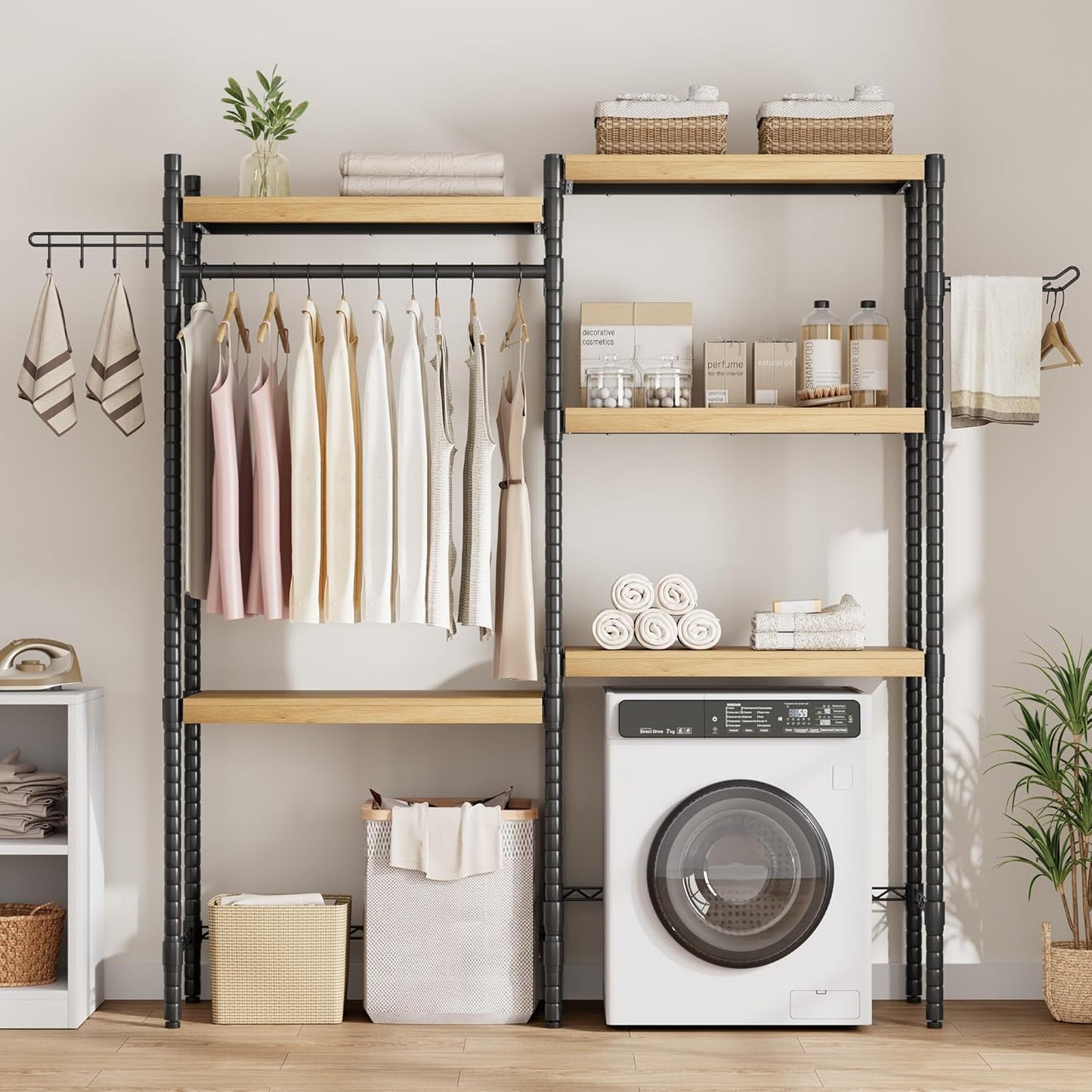 5-Tier Over-The-Washer Shelf - Adjustable 28" Laundry Organizer with 100lb Double Wood Shelves, Space-Saving Storage Unit for Small Homes (Natural & Black) - NestledHome