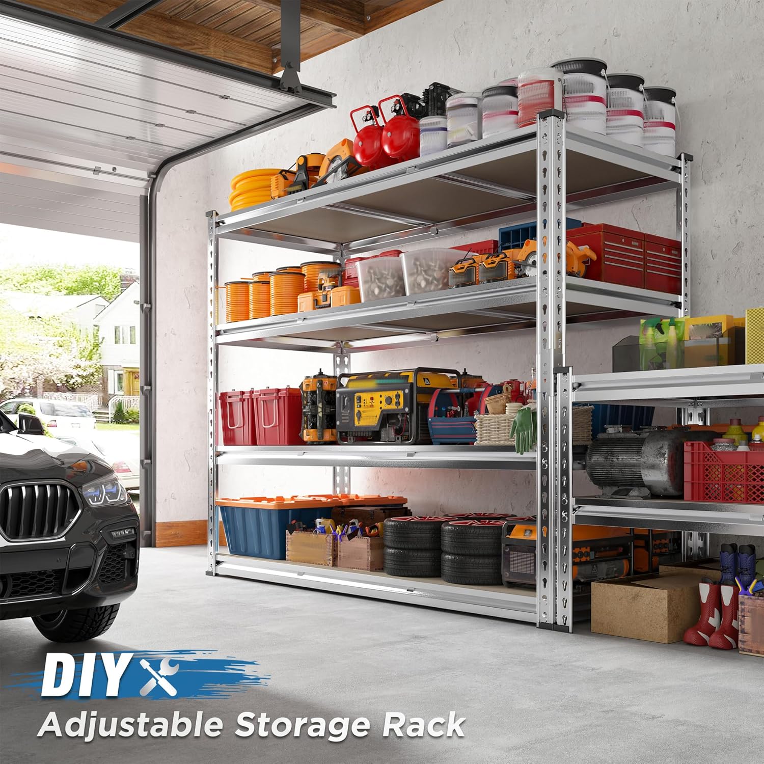 REIBII Garage Shelving, 4 Tier Storage Shelves Load 2000LBS, Adjustable Garage Shelving Heavy Duty, Metal Shelves Unit for Basement, Warehouse, 48" W x 60" H x 18" D, Galvanized - NestledHome