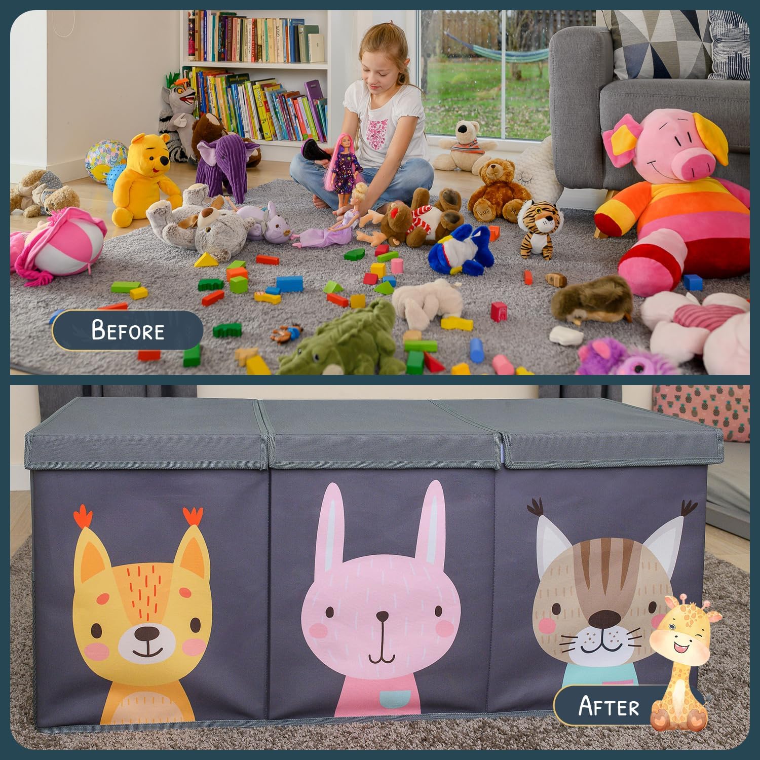 Extra Large Toy Storage Organizer with Lid - Sturdy, Collapsible Toy Chest Storage Box with Cute Design - Toys Bin with Dividers for Kids, Boys, Girls, Nursery, Bedroom, Play room 37"x16"x14" - NestledHome