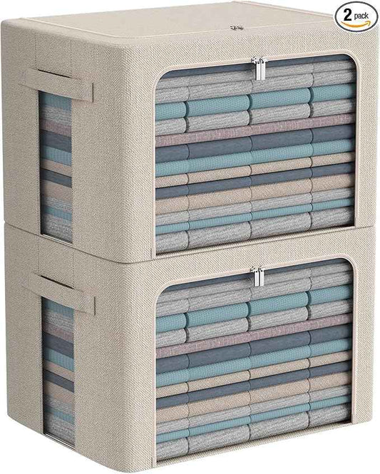 CYhom Extra Large Clothes Storage Bins - Linen Fabric Foldable Stackable Container Organizer Set with Clear Window & Carry Handles & Metal Frame - 2Pack Large Capacity for Bedding, Blankets, Books