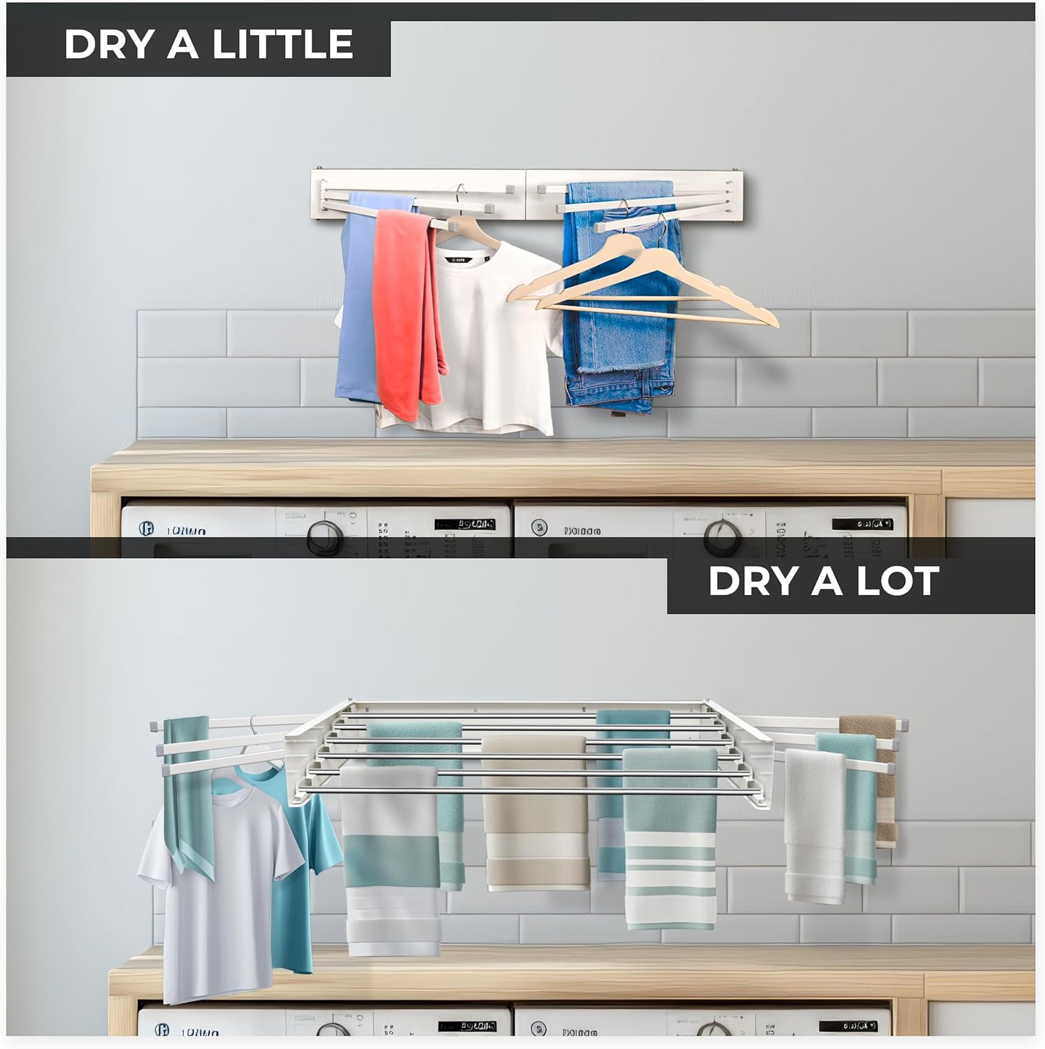 MODERN-X Wall Mounted Clothes Drying Rack with 6 Swivel arms, 35”Wide, 26 Linear ft of Laundry Drying Rack Space, 6 Collapsible Aluminum rods, 2X Drying Capacity, Space Organizer Holds up to 60lbs - NestledHome