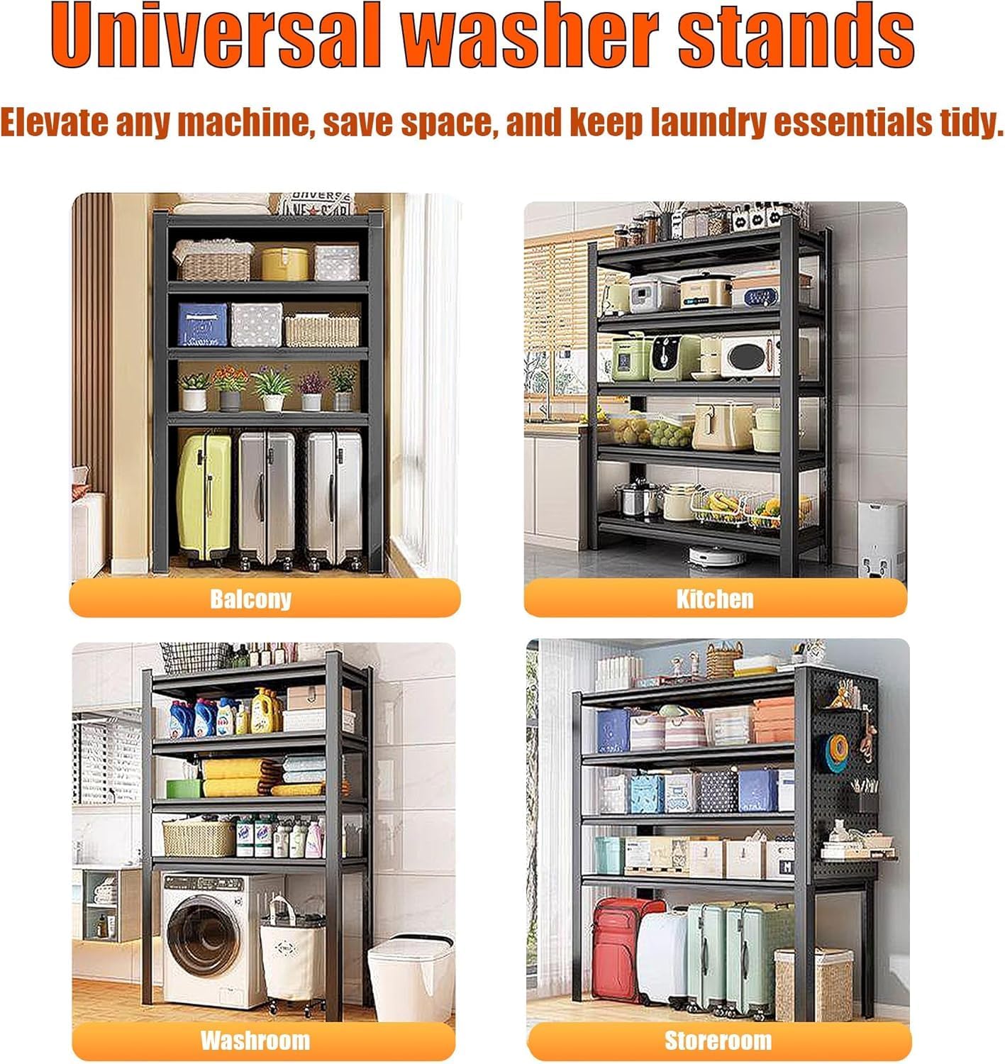 Over Washer and Dryer Storage Shelves,5 Tiers Laundry Room Standing Shelf,Adjustable Metal Shelving Unit,Space Saving Shelf, 63" H x 31.5" W x 15.7" D, Black - NestledHome