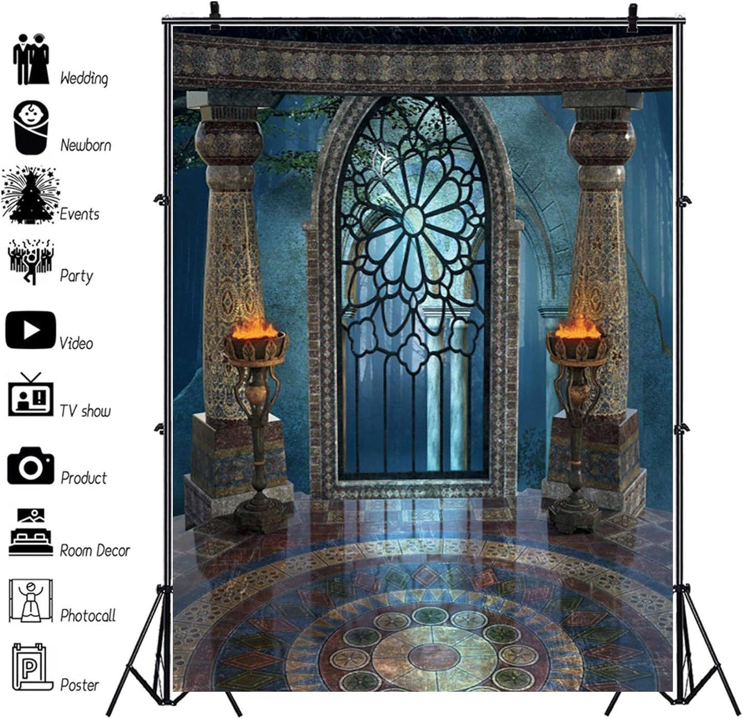 Renaiss 7x10ft Medieval Castle Backdrop for Photoshoot Portrait Pillar Torch Gothic Stone Tower Ancient Old Fortress Interior Photography Background Halloween Party Decor Wallpaper Photo Studio Props