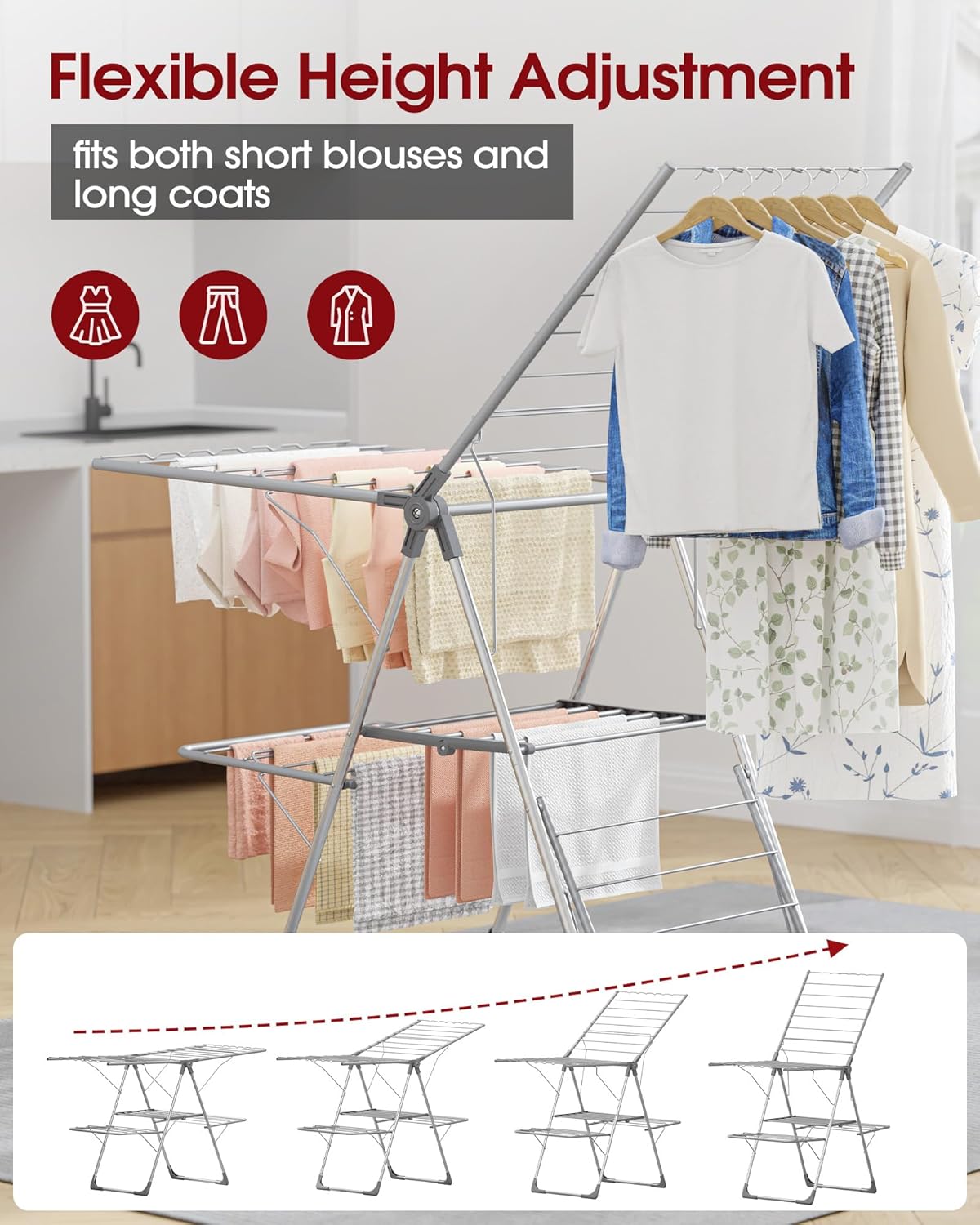 Clothes Drying Rack - Foldable Laundry Drying Rack for Clothing & Bedding, Easy-to-Assemble, Space-Saving Metal Airer with Non-Slip Feet, Indoor & Outdoor Use, 55.5"×22.8"×36.6", Gray - NestledHome