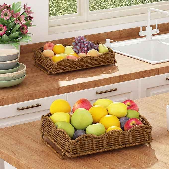 Geelin 2 Tier Stackable Cabinet Organizer Shelves 12.8" x 8.7" x 12" Kitchen Counter Shelves Natural Rattan Scalloped Wicker Basket Boho Spice Rack for Kitchen Bathroom Laundry Living Room Decoration