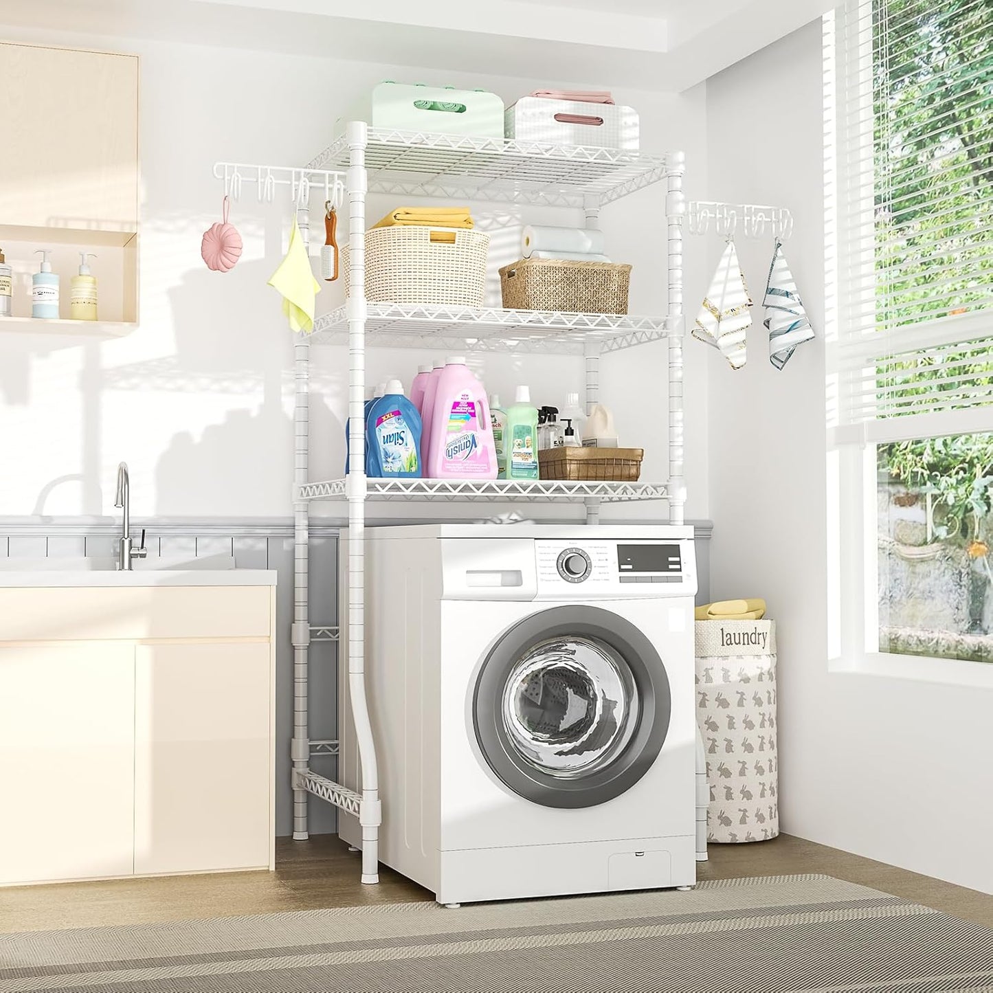 Ulif U8 Laundry Room Storage Organizer, Over The Washer and Dryer Storage Shelves for Laundry Organization, 35”W x 17.3”D x 76.2”H, Suit Washing Machine Width Within 32.6”, Hold 304 lb, White - NestledHome