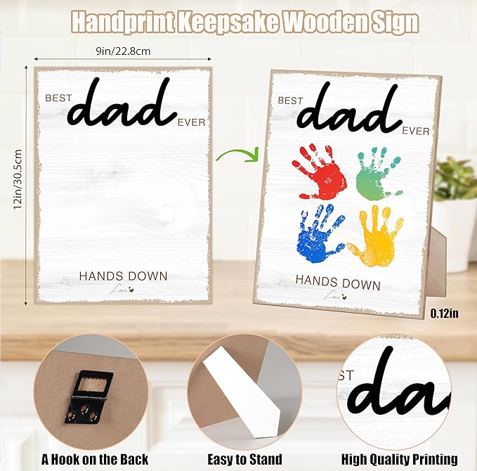 Hands Down Best Dad Ever Handprint Art Wooden Sign with Stand and Hook, DIY My 1st Father Day Crafts Keepsake, 9x12 Inch Personalized Gifts for Dad Daddy from Wife Daughter & Son