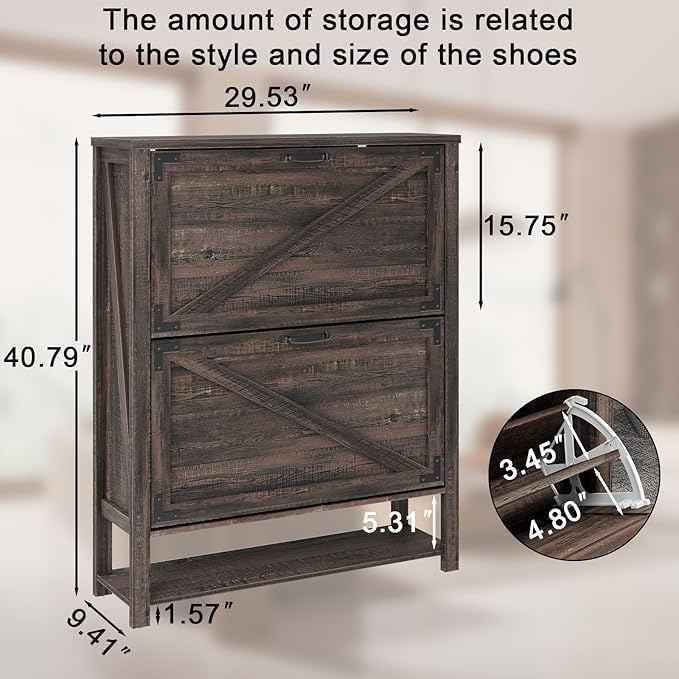 Vabches Shoe Storage Cabinet, Farmhouse Freestanding Organizer with 2 Flip Drawers, Wooden Hidden Narrow Slim Shoe Rack Cabinet for Entryway, Hallway, Foyer, Dark Oak