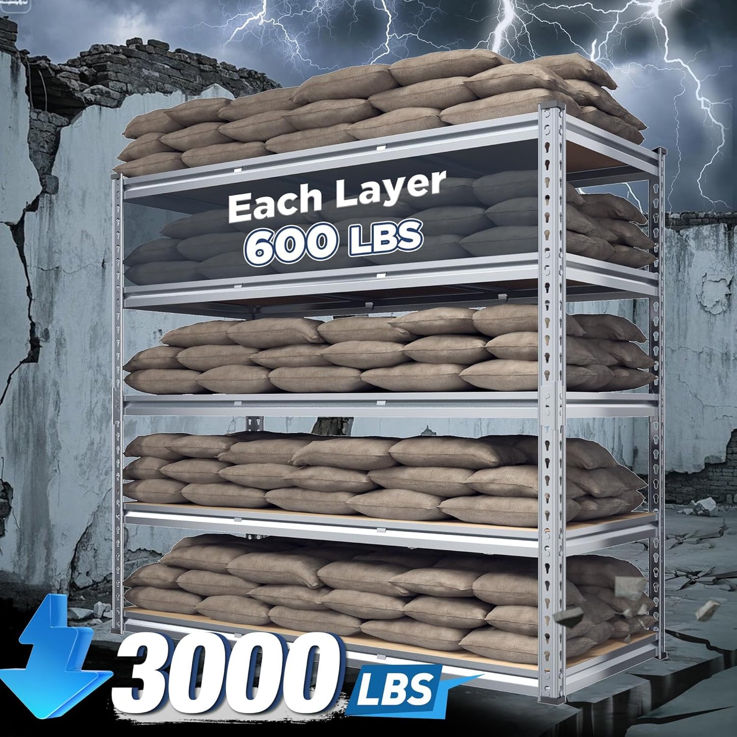 REIBII Garage Shelving, 5 Tier Storage Shelves Load 3000LBS, Adjustable Garage Shelving Heavy Duty, Metal Shelves Unit for Basement, Warehouse, 48" W x 72" H x 18" D, Galvanized - NestledHome